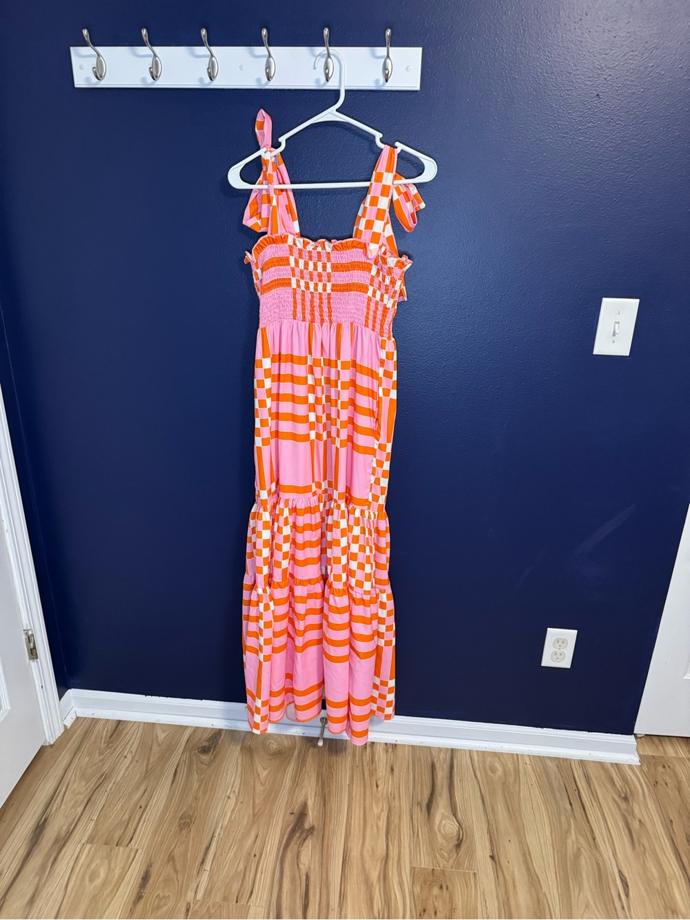 Smocked Pink & Orange Maxi Dress with Tie Straps